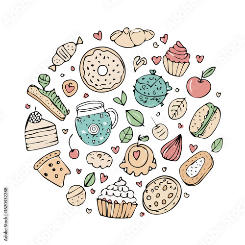 Delicious Desserts and Drinks Illustration Arranged in a Circle on Black