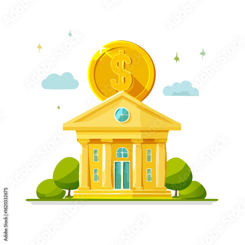 Gold coin on bank building illustrates savings investment finance banking and economy concept financial stability wealth management vector