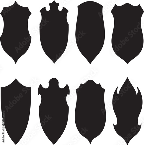 A vector icon set of dental shields with a silhouette of a woman in a black dress, ideal for fashion and clothing designs or as a symbol for a dentist
