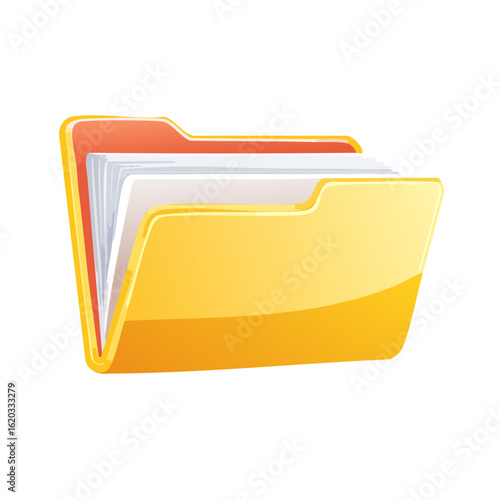 Yellow folder icon with documents and paper vector illustration