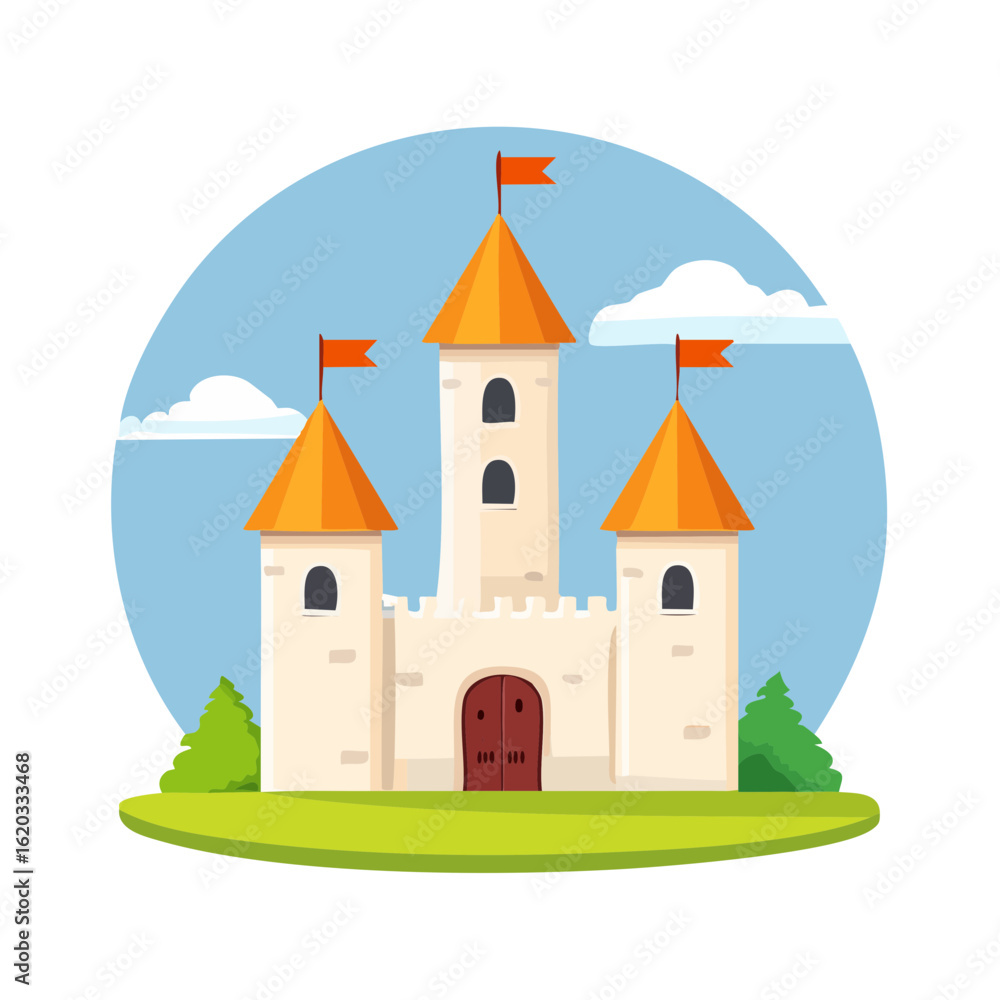 Naklejka premium Cartoon Castle Vector Illustration Fairytale Kingdom with Towers Flags and Green Meadow
