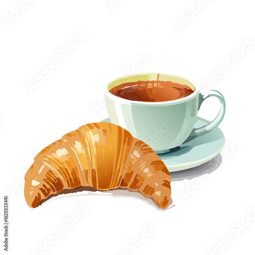 Illustration of a croissant and hot drink in a cup on a plate for breakfast or brunch