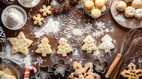 Flatlay of Christmas Baking: Cookie Cutters Dough and Sprinkles, in high resolution clean minimal style stock photo illustration background image ideal for templates advertisements and web banners sho