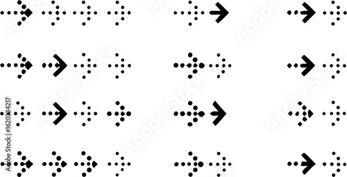 Collection of twelve different arrow designs made of dots and solid arrowheads pointing rightward