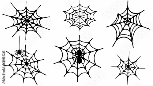 Collection of six spiderwebs in various styles with some spiders on the webs in black and white style