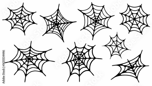 Collection of nine black and white spiderwebs with varying shapes and web patterns on a white background