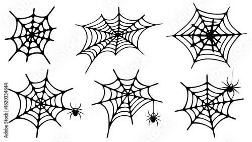 Illustration of six spiderwebs with varying designs and spiders hanging from or near the webs in black