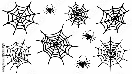 Illustration of spiderwebs and spiders scattered on a white background for halloween themes and decorations