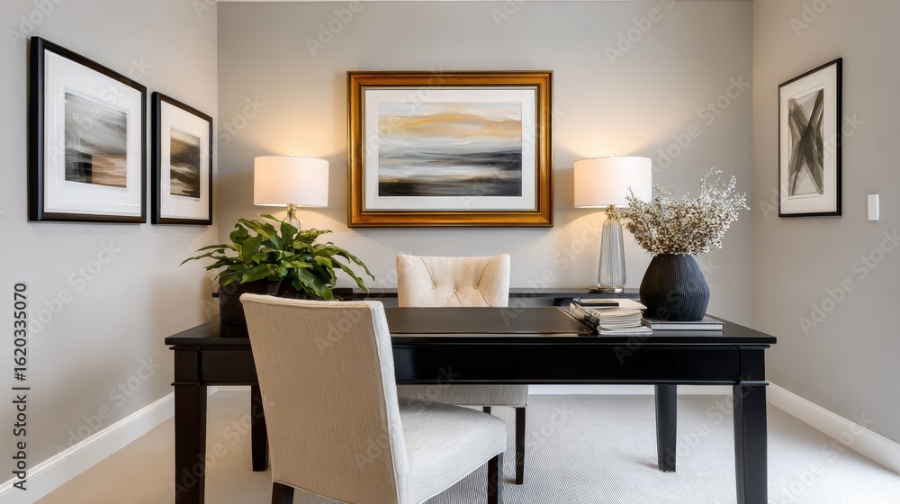 Fototapeta premium A modern office space featuring a stylish black desk, comfortable chair, artwork on the walls, and decorative plants, creating a serene working environment.