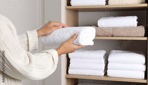 Woman's hands placing a rolled white towel onto a shelf amongst neatly stacked towels
