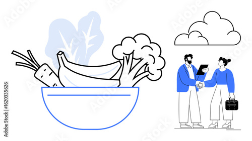 Bowl filled with carrot, banana, broccoli, and lettuce alongside professionals exchanging handshake amidst clouds. Ideal for food, healthy lifestyle, teamwork, sustainability, business