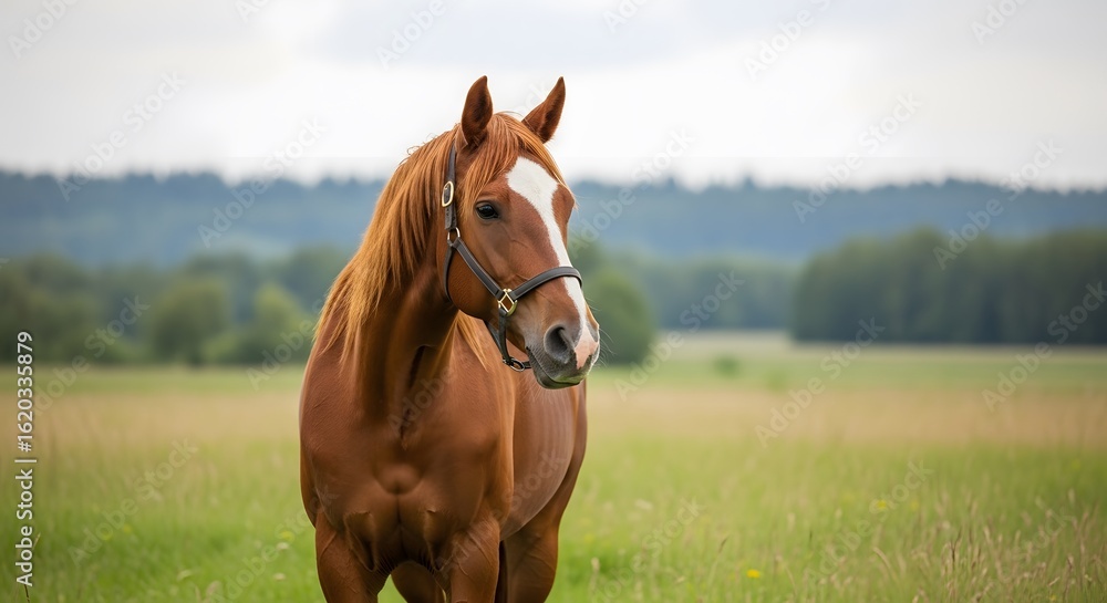 Obraz premium Chestnut Horse Standing in Grassy Field with White Blaze and Forest Backdrop