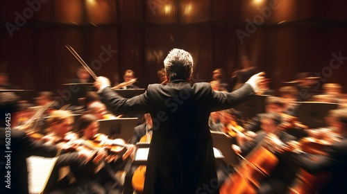 Orchestra Conductor Leading Symphony Performance in Concert Hall: Classical Music Musicians Showcase Arts with Dramatic Lighting, Stage Presence, and Dynamic Orchestration