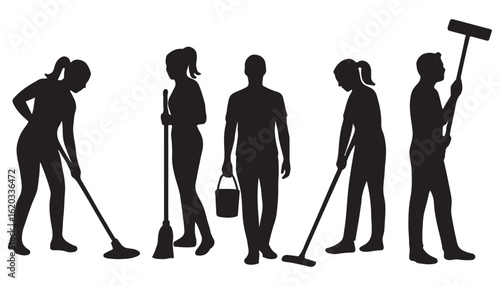 Silhouette Set of People Vacuuming and Cleaning with Equipment


