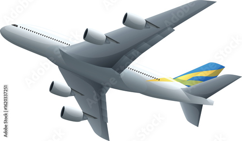 Art & Illustration "Large Passenger Airplane Flying High with Blue and Yellow Tail"