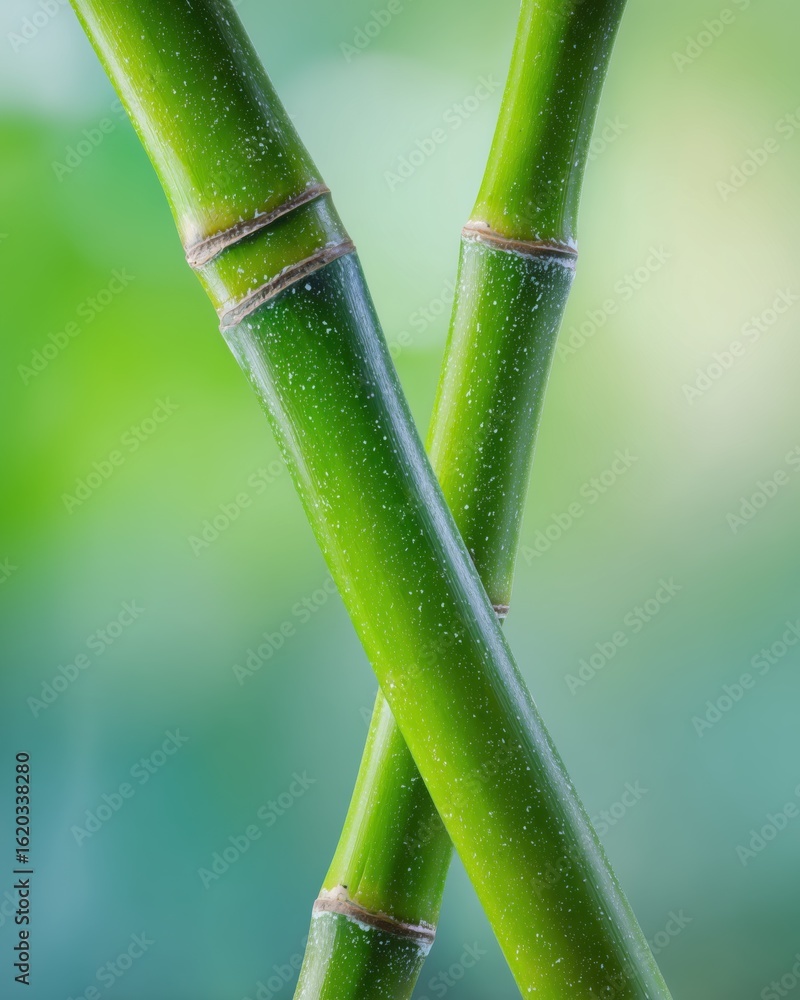 Obraz premium Close-Up of Two Fresh Green Bamboo Stalks with Natural Nodes – Diagonal on Soft Green and Blue Gradient Background