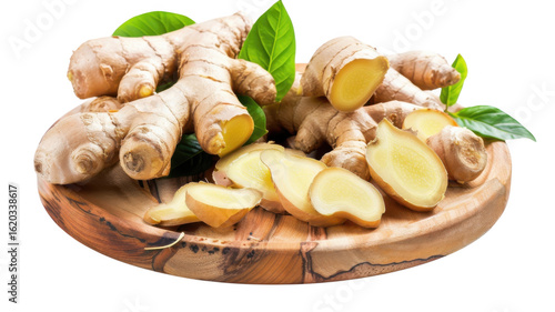 Ginger root on wood tray on transparent background
