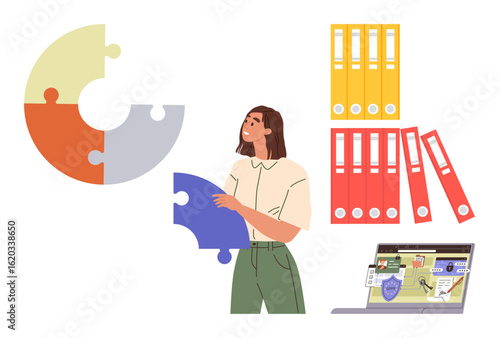 Woman holding puzzle piece next to segmented chart, file folders, and laptop with digital data. Ideal for organization, problem-solving, data analysis, strategy, teamwork, creativity simple flat