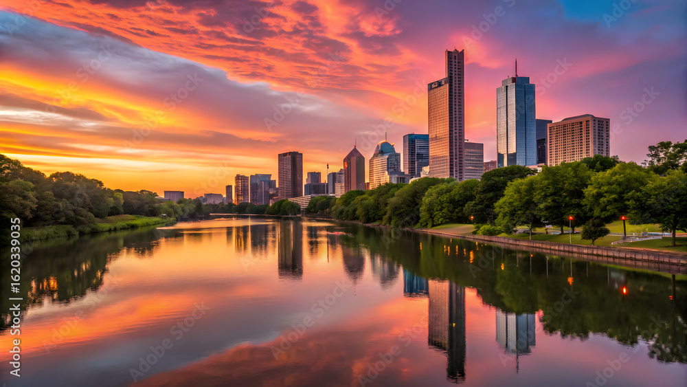 Fototapeta premium City skyline, lake reflection, sunset, urban landscape, colorful sky