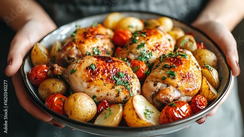 Woman holding dish of roasted chicken