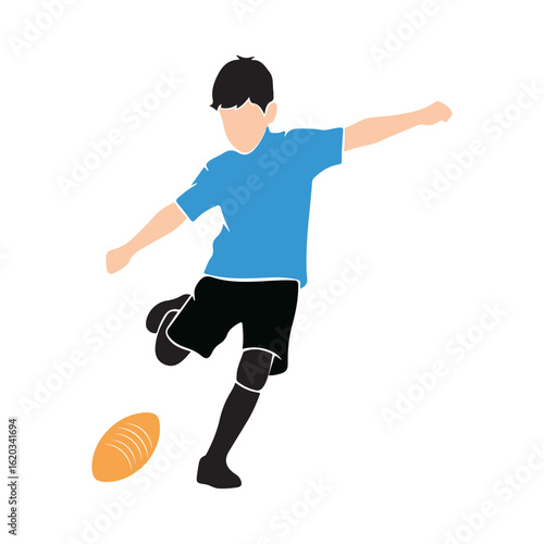 Boy in blue shirt kicking a rugby ball on white background