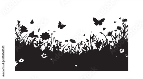 Shape of a vibrant meadow adorned with grass, flowers, and butterflies. Verdant landscape. Cartoon illustration. The artwork is set apart on a white background.

