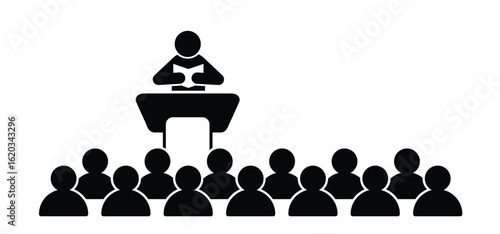 lecture at a desk. Lectern podium icon. Speaker giving a talk meeting on corporate business congress. Entrepreneurship event. Speech conference hall audience. Funny online training presentation