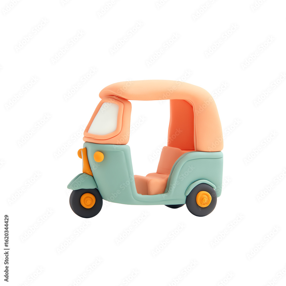 Fototapeta premium Pastel clay tuk-tuk taxi, three-wheeler icon isolated