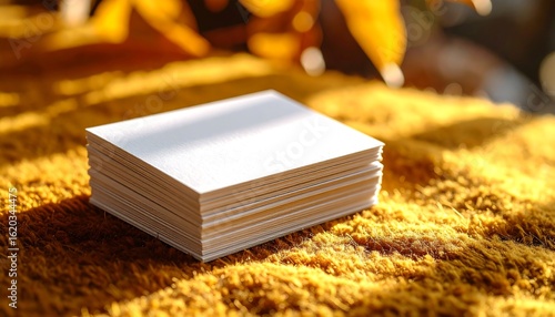 Stack Of White Business Cards On Warm Yellow Surface