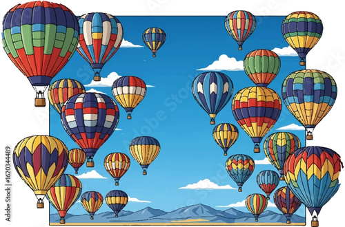 Colorful Hot Air Balloons Flying Over Mountains on a Clear Day Illustration