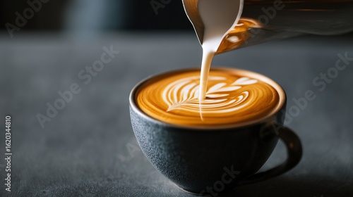 Latte Art Coffee with Milk Pouring, Cafe, and Beverage.