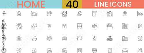 40 Home Line Icons Set, Household, Interior, Room Design, Furniture, and Decor Icons for Web and Graphic Design