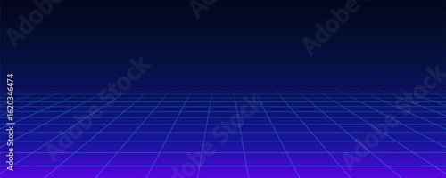 Retro neon background with 80s styled laser grid and stars from vintage arcade computer games