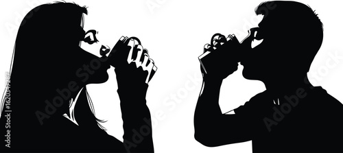 Silhouette, two people drinking, cups, side profile, isolated white background, beverage consumption, daily life, hydration, minimalistic, stock photo