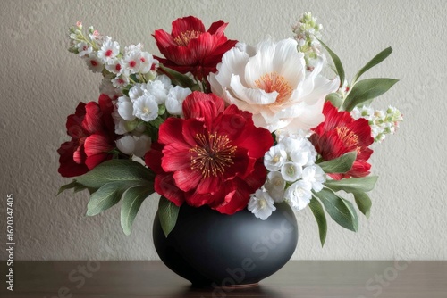 Wallpaper Mural Beautiful floral arrangement featuring red and white flowers in a black vase for home decoration or special occasions Torontodigital.ca