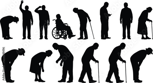 Elderly silhouettes in diverse mobility poses, including walking, standing, bending, cane use, wheelchair, aging concept, healthcare, senior lifestyle, physical decline