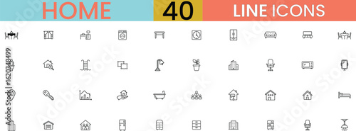 Set of 40 Home Line Icons Vector for Real Estate, Interior Design, and Smart Home Applications