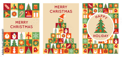 Xmas bauhaus cards. Merry christmas holiday invitations, simple geometric shapes, primitive style new year elements, posters and prints design, tiles with snowman and Santa, splendid vector set