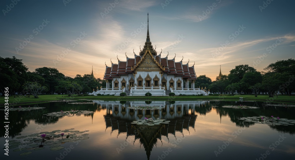 Obraz premium Stunning Sunset Reflection of Thai Temple in Bangkok