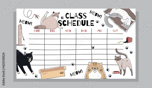 School schedule with cute cats. Training glider design, funny animalistic template, kids weekly planner, notes list, kawaii animals timetable, cartoon flat isolated tidy vector concept