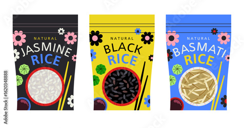 Rice packaging design. Cartoon style, different types grains, jasmine, black, basmati, funny bags, organic product, isolated elements, colorful label, vegan nutrition tidy vector concept