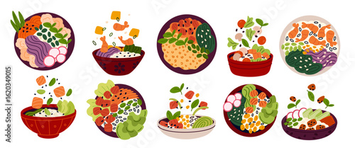Poke bowls top and side views. Light balanced meals, healthy sport food, asian style cuisine, salmon and shrimp, fresh vegetables on rice, menu elements, garish vector cartoon isolated set