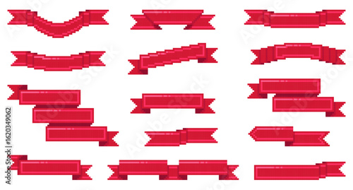 Pixel ribbons. Red 8 bit game assets, blank vintage banners, retro play design elements, flags, frames and labels, folded and curled empty tapes, decorative qualitative vector isolated set