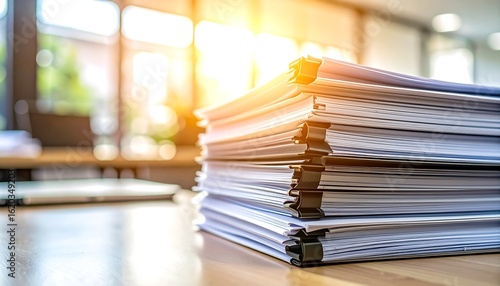Stacked Documents Under Warm Sunlight In Office Workspace