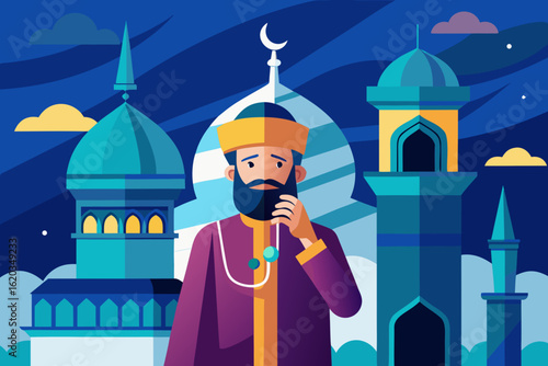 A man talking over phone Infront of mosque
