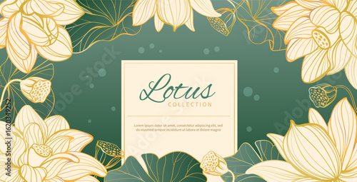 Lotus frame background. Line art floral design, fine hand drawn flowers, elegant water lily, luxury golden outlines, frame with copy space. Japanese traditional banner splendid vector concept