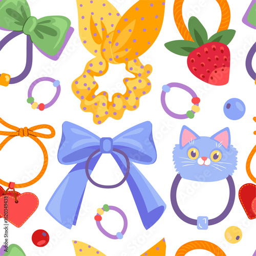Hair scrunchies seamless pattern. Girly hairstyle trendy accessories, repeated elements with different decor. Textile, wrapping paper, wallpaper. Print for fabric splendid vector background