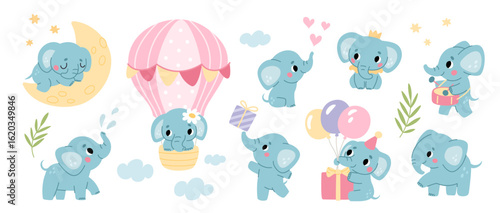 Cute elephant character. Funny baby animal in different poses, emotions, actions, happy little comic mascot, wildlife safari mammal, crescent and air balloon cartoon garish vector set