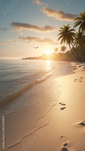 Tropical Beach Sunset with Palm Trees
