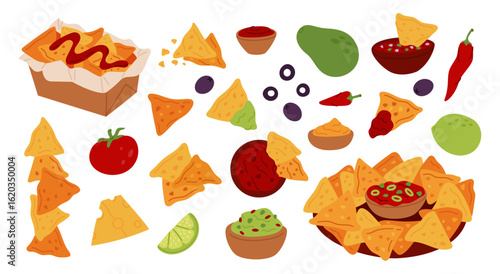 Cartoon nachos. Corn chips, triangular dry snacks, different sauces and additives, avocado guacamole dip, salsa bowl, ketchup, isolated mexican traditional menu elements, garish vector set